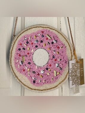From India To You Round Pink Beaded Donut Crossbody Bag Gold Trim - Handcrafted